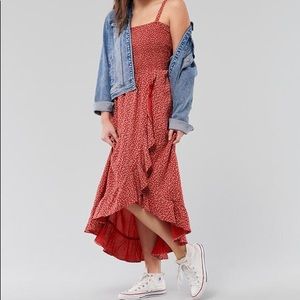 red ruffle floral high low dress hollister